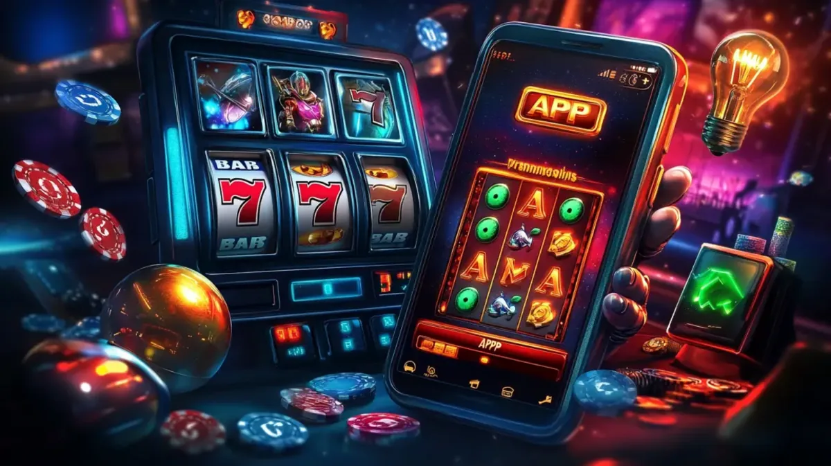A promotion for a futuristic, sci-fi themed casino APP. A smartphone displays a space-themed slot game next to a classic slot machine, surrounded by glowing chips.