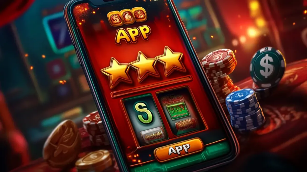 A close-up of a smartphone displaying a 3-star rated casino APP. The screen shows a slot machine interface and is surrounded by casino chips on a red felt table.