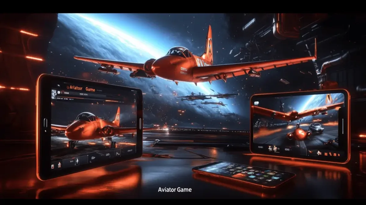 A promotion for the Aviator Game showing the game on multiple tablets and a phone in a high-tech, futuristic setting with a red jet flying over a runway.