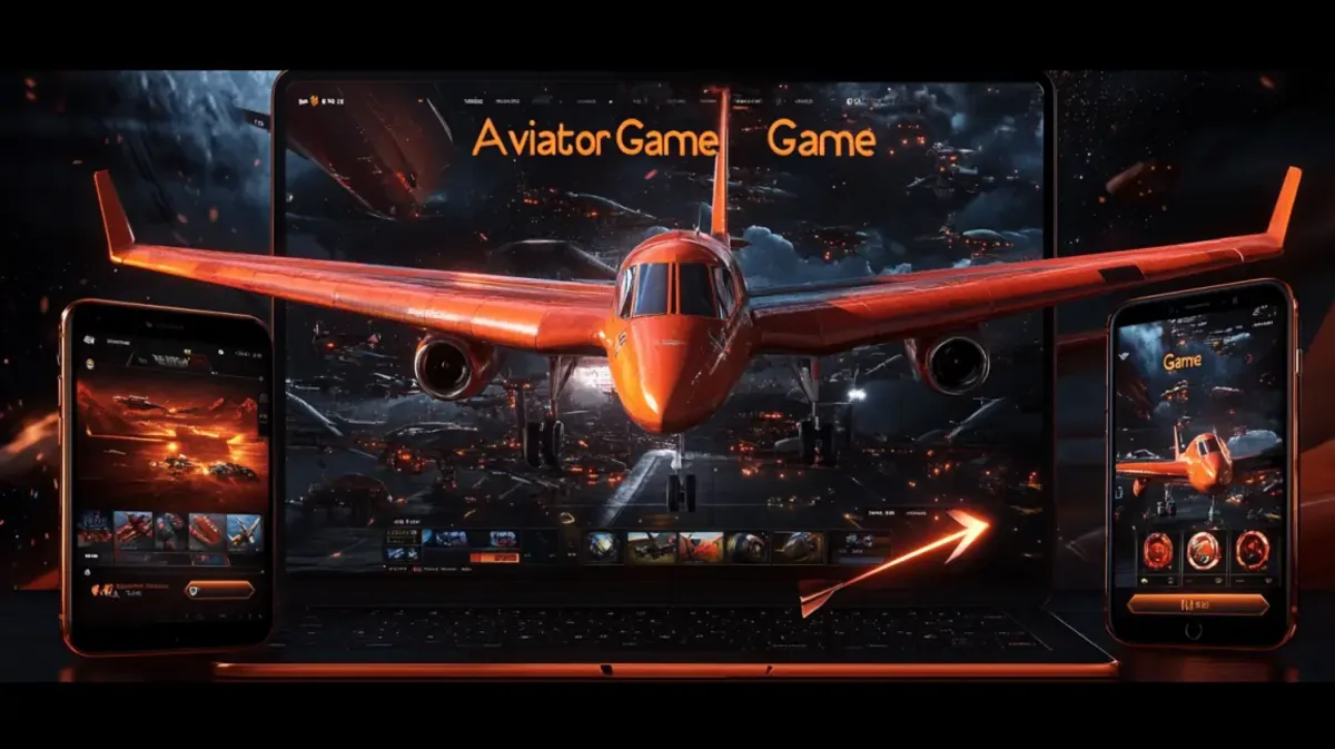 The Aviator Game is showcased on a laptop and two smartphones, displaying a red airplane flying over a futuristic city on fire, highlighting cross-platform play.