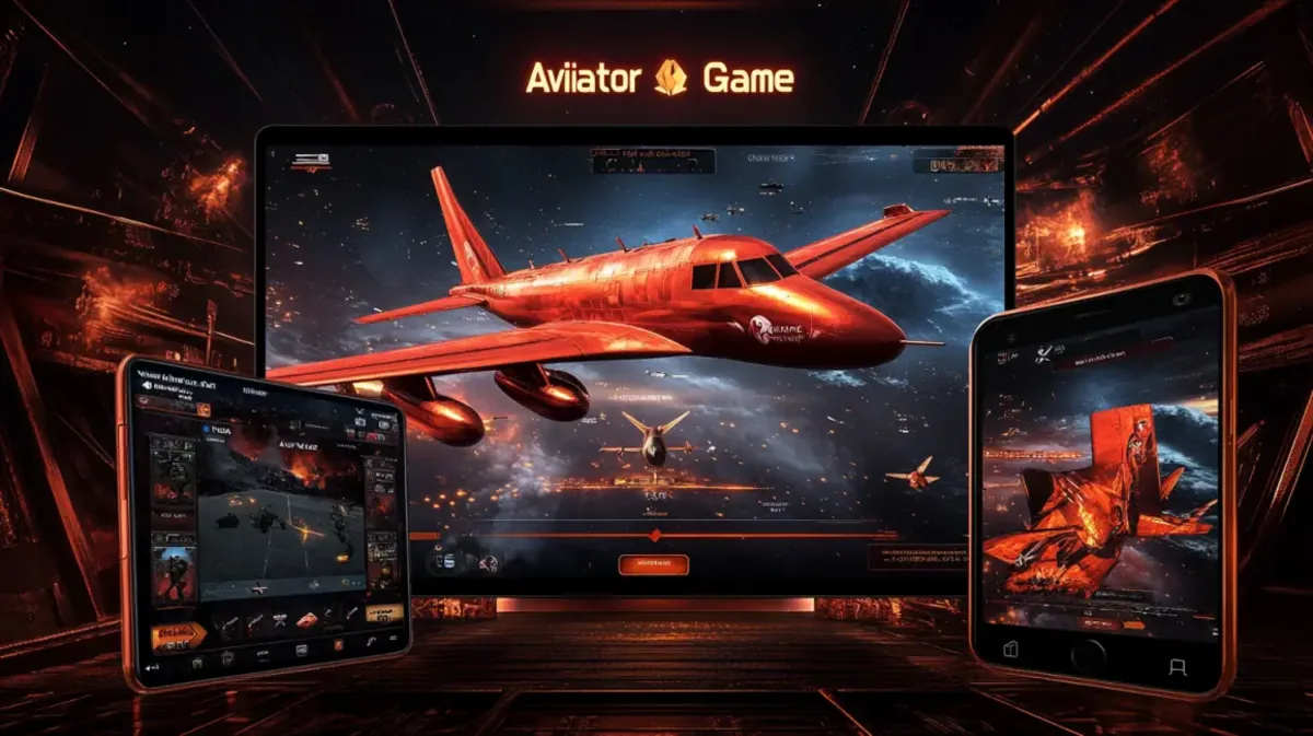 A multi-device promo for the Aviator Game featuring a central monitor and two side phones, all displaying different aspects of the action-packed airplane game.