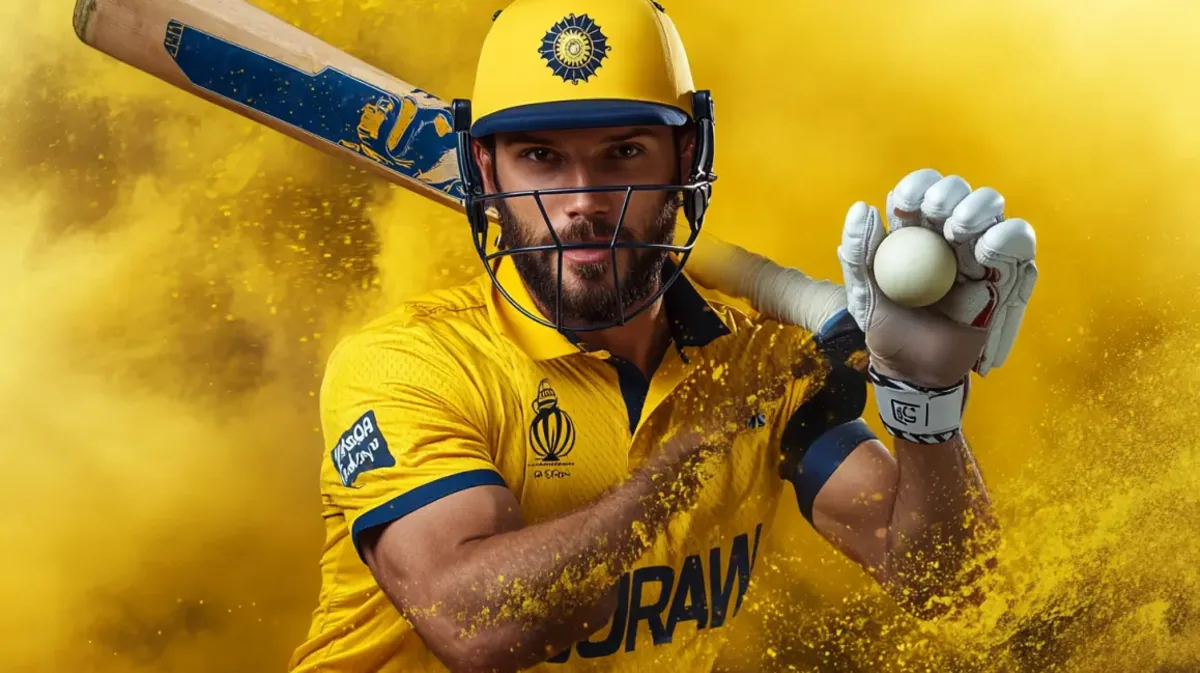 An intense cricket batsman in a yellow and blue uniform holds a cricket ball and bat, ready for action, set against an explosive background of yellow powder.