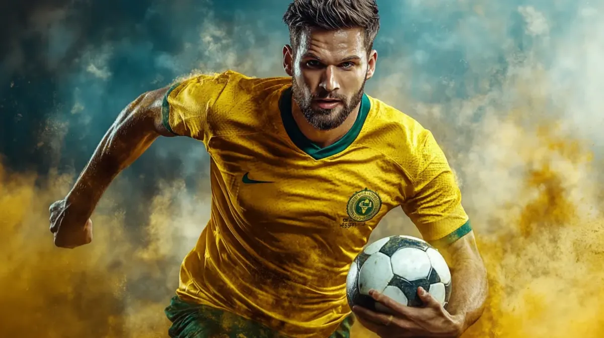 A determined male football player in a yellow jersey runs with the ball, captured in a dynamic action shot against a dramatic, cloudy sky with yellow mist.
