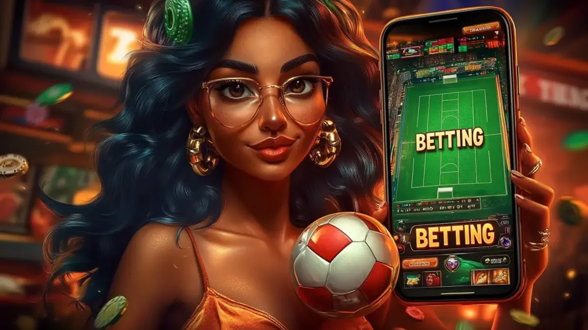 A woman with glasses holds a small football and a smartphone displaying a BETTING app with a football field on the screen.