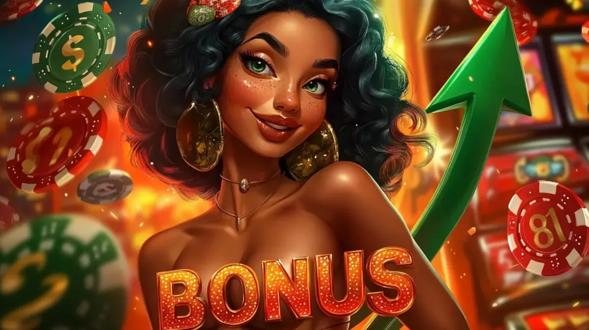 A smiling woman is featured in a BONUS promotion. A large green arrow points upwards, symbolizing increasing wins, while casino chips fall around her.