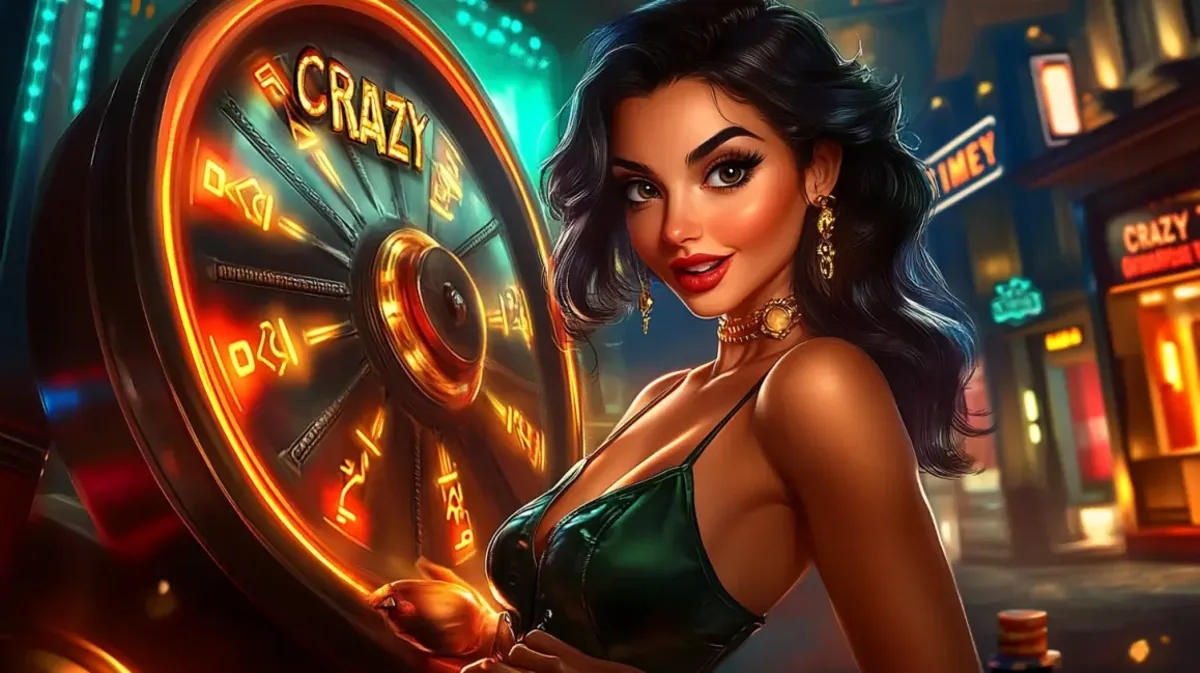 An elegant woman stands next to a large, glowing CRAZY time wheel in a vibrant, neon-lit city street setting at night.