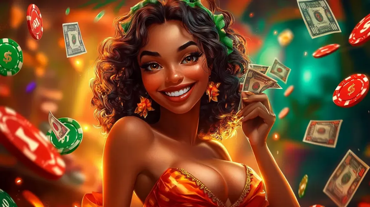 A joyful woman with a beautiful smile holds a fan of US dollar bills while cash and casino chips rain down around her in a celebratory casino atmosphere.