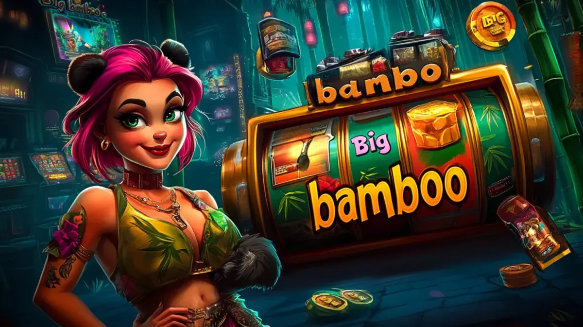 A stylish woman with pink hair and panda-ear buns stands next to a Big Bamboo slot machine in a neon-lit, Asian-themed casino.