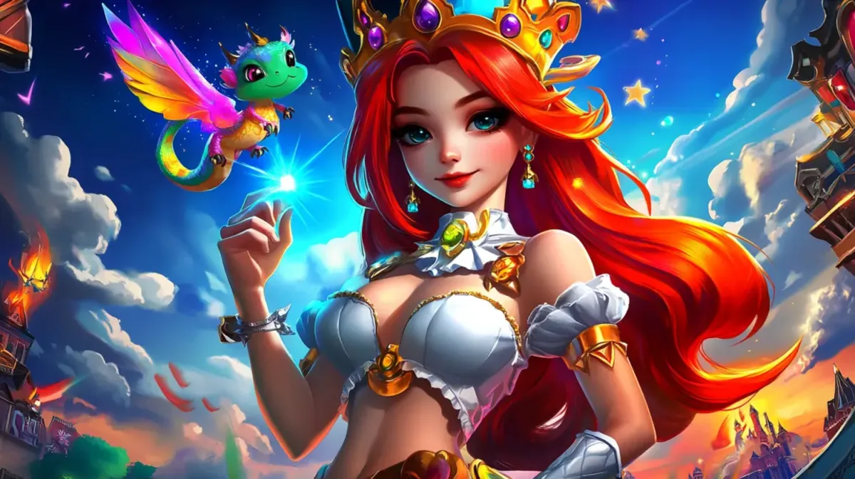 A beautiful fantasy queen with red hair and a crown interacts with a small, colorful pet dragon in a magical sky world with floating castles.
