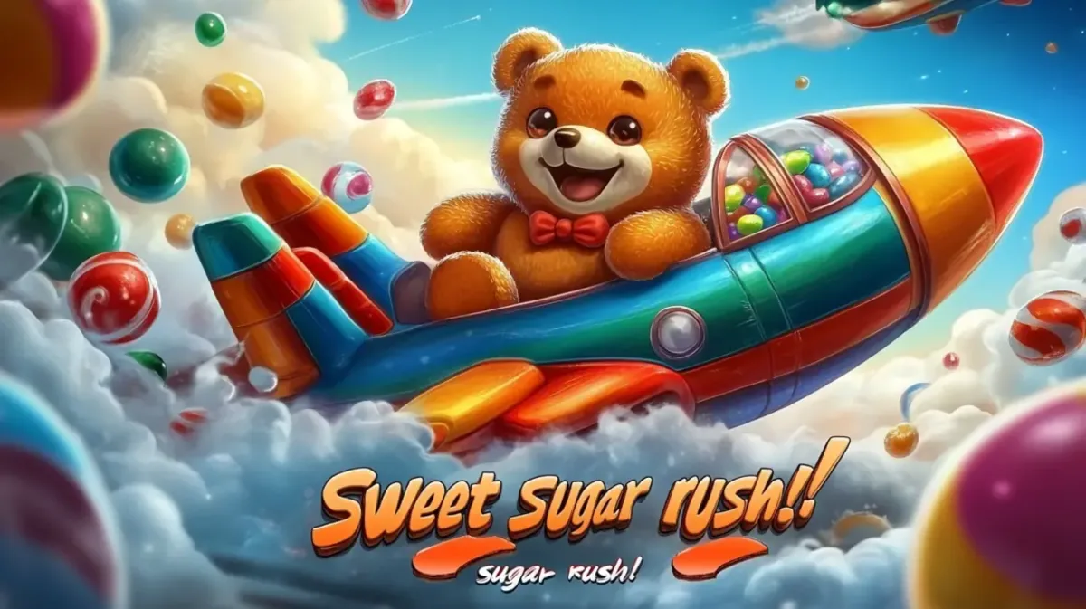 A promotional image for the Sweet Sugar Rush!! game. A cute teddy bear flies a colorful rocket through a sky filled with clouds and candy.