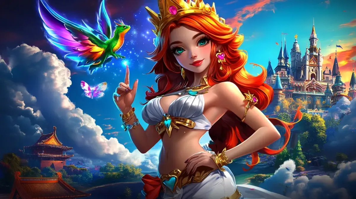 A beautiful fantasy princess with red hair and a crown interacts with a small, colorful pet dragon in a magical sky world with floating castles.