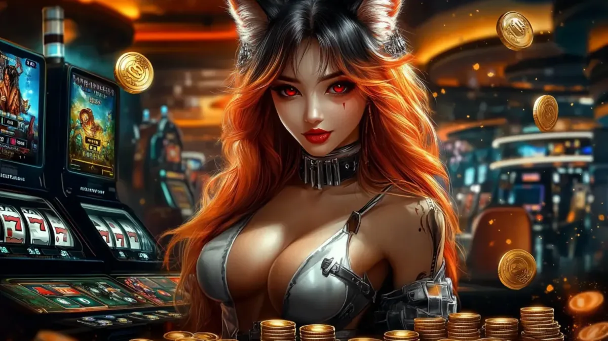 An alluring woman with red hair, fox ears, and glowing red eyes stands in a vibrant casino. She is surrounded by slot machines and stacks of gold coins.