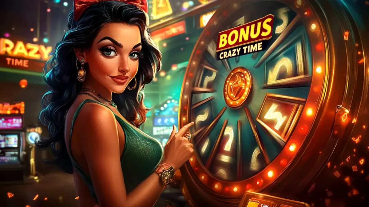 A beautiful, stylized woman with a red bow in her hair points to a large, brightly lit Crazy Time bonus wheel in a lively casino setting.