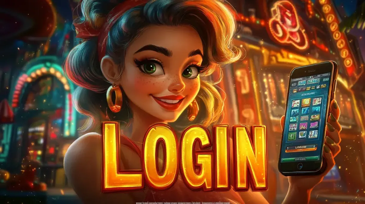 A cheerful cartoon woman with large green eyes and a bright smile holds up a smartphone showing a casino app's login screen, with a glowing LOGIN text in the foreground.