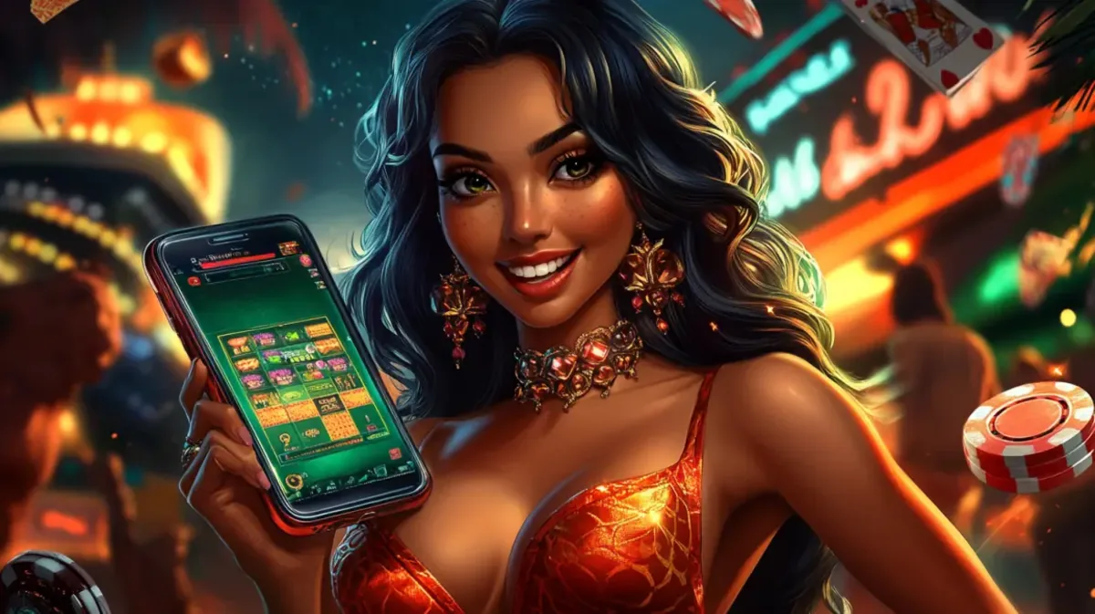 A smiling, beautiful woman in a red top holds a smartphone with a green-themed casino game on the screen, set against a vibrant, neon-lit casino party background.