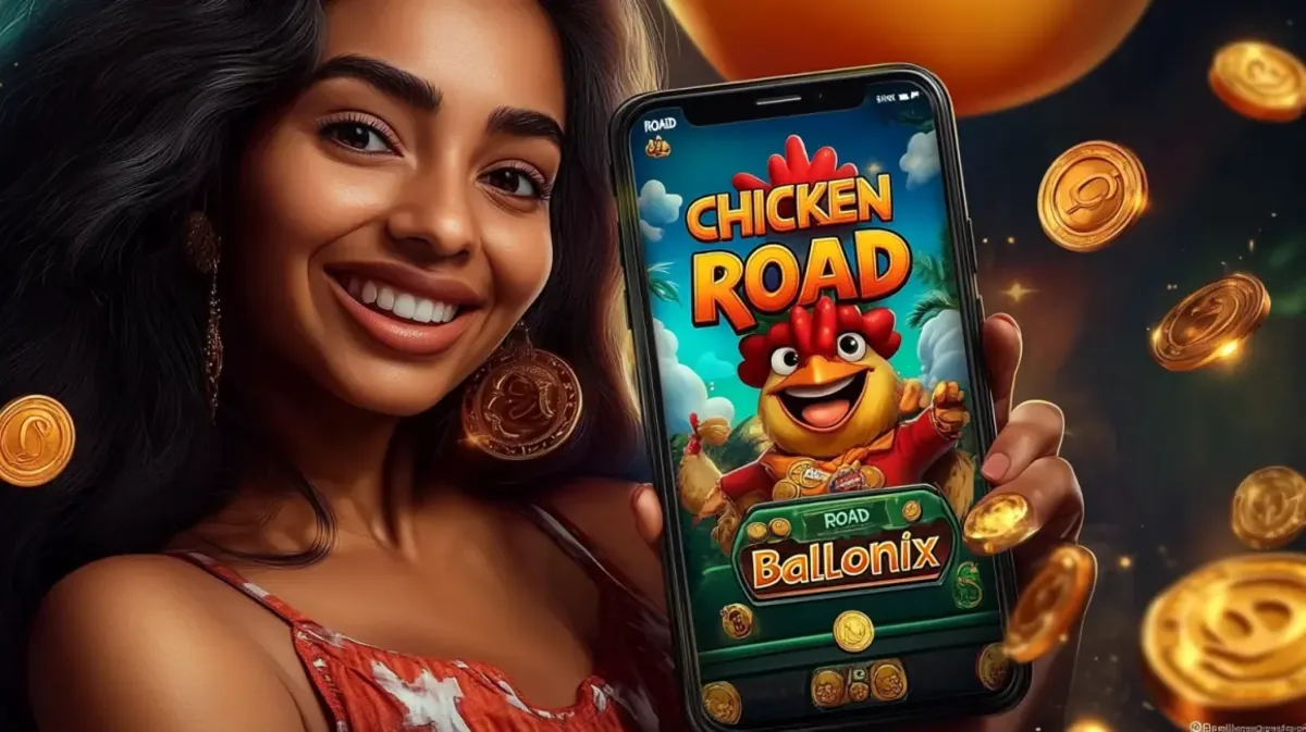 A smiling woman with beautiful curly hair holds a smartphone displaying the Chicken Road game. The background is dark, with gold coins floating around her.