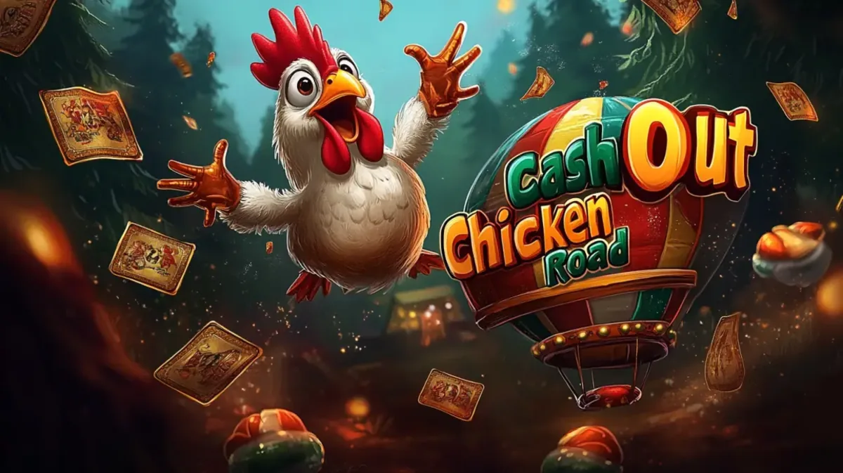 A promotional image for the Cash Out Chicken Road game. A happy cartoon chicken flies through the air next to a hot air balloon with the game's logo.