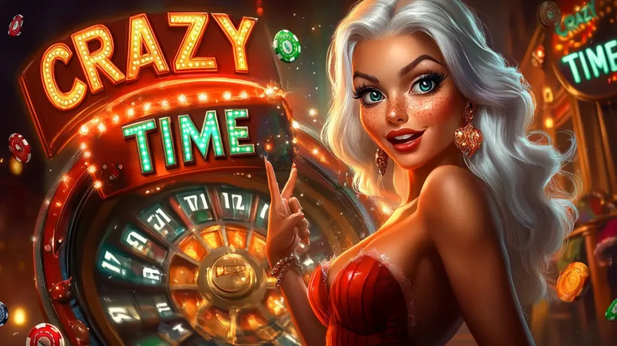 A charming woman with white hair and freckles points to a brightly lit Crazy Time game wheel in a festive and colorful casino environment.