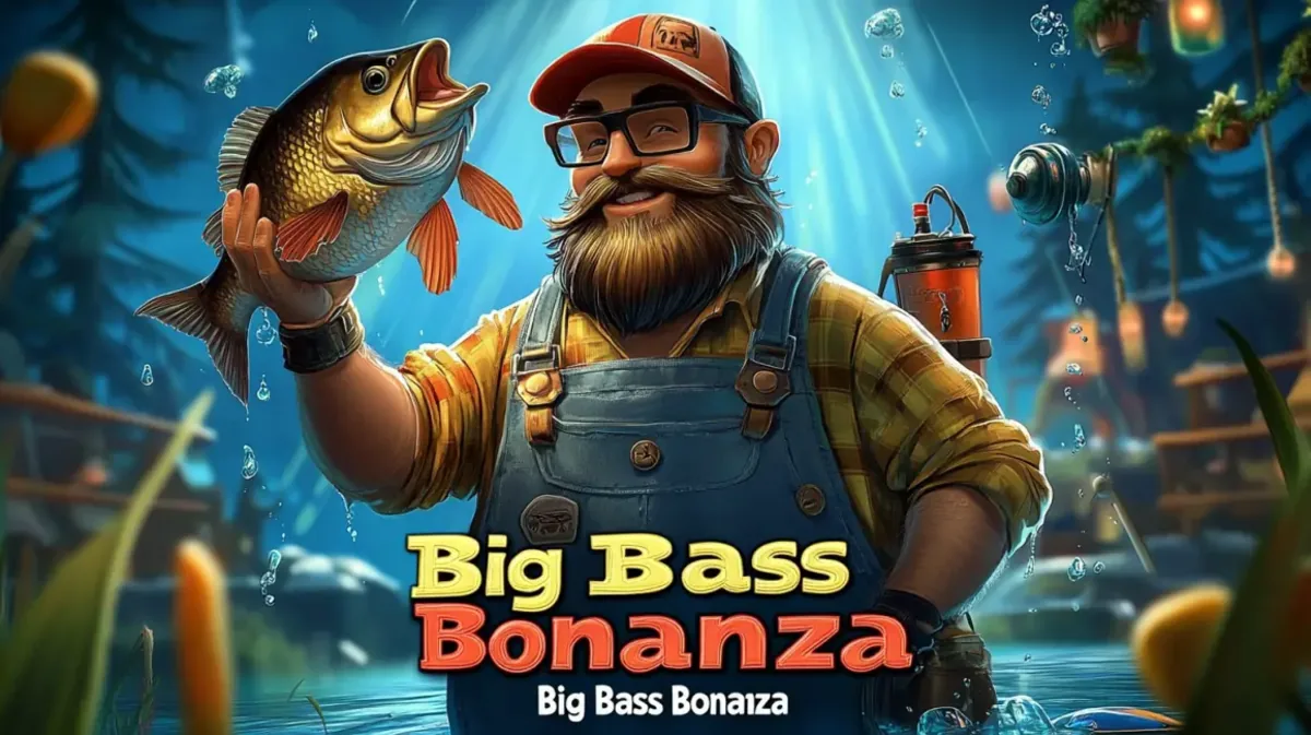 The friendly, bearded fisherman mascot from the Big Bass Bonanza slot game proudly holds up a large fish he has just caught in a serene lake setting.