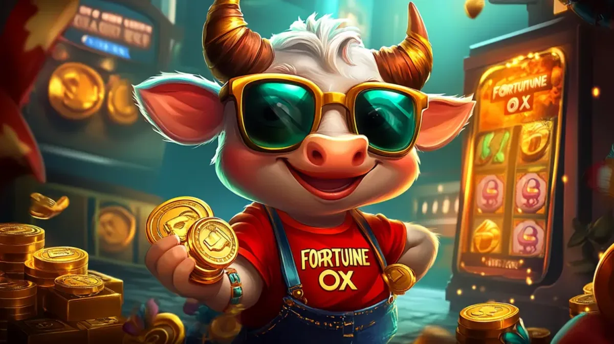 The cute and friendly mascot of the Fortune Ox slot game, a cartoon bull in sunglasses and a red shirt, holds gold coins in a vibrant casino.