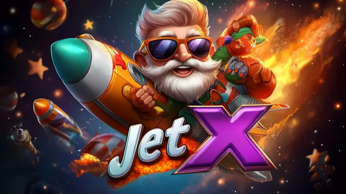 A cool, modern Santa Claus with sunglasses rides a rocket through a colorful galaxy in this exciting promotion for the JetX crash game.