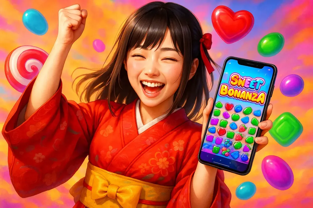 Cheerful girl in traditional outfit holding smartphone with Sweet Bonanza game celebrating a mobile casino win with flying candies