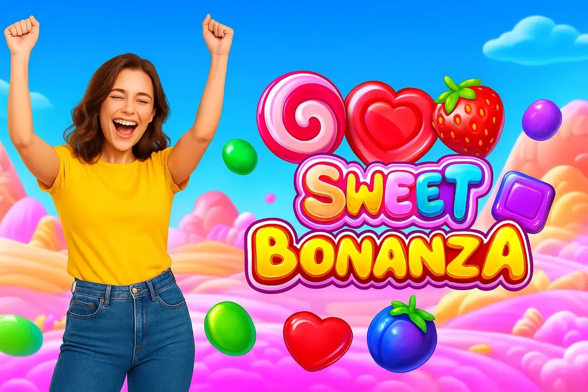 Happy woman celebrating a big win in Sweet Bonanza slot game surrounded by colorful candies hearts and fruits in a fantasy candy land